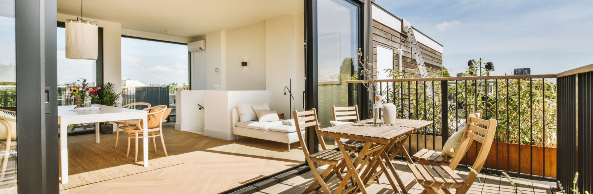 Bright balcony with chair and door